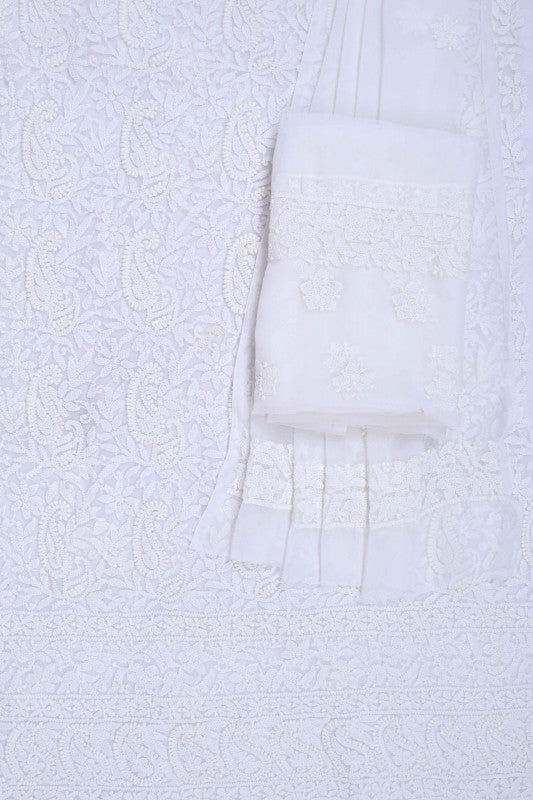 Ada Hand Embroidered White Georgette Lucknowi Chikan Unstitched Suit Piece A613267