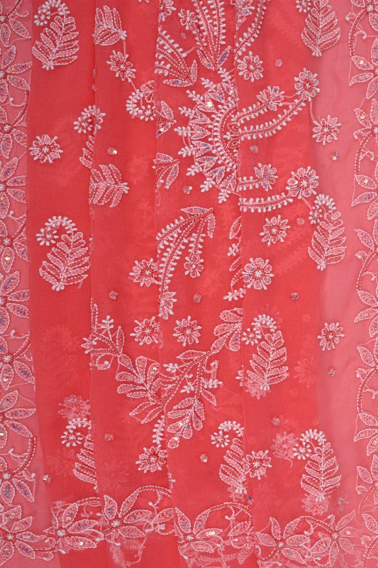 Ada Hand Embroidered Carrot Pink Georgette Lucknowi Chikankari Saree/Blouse With Pearl Work 01A194037