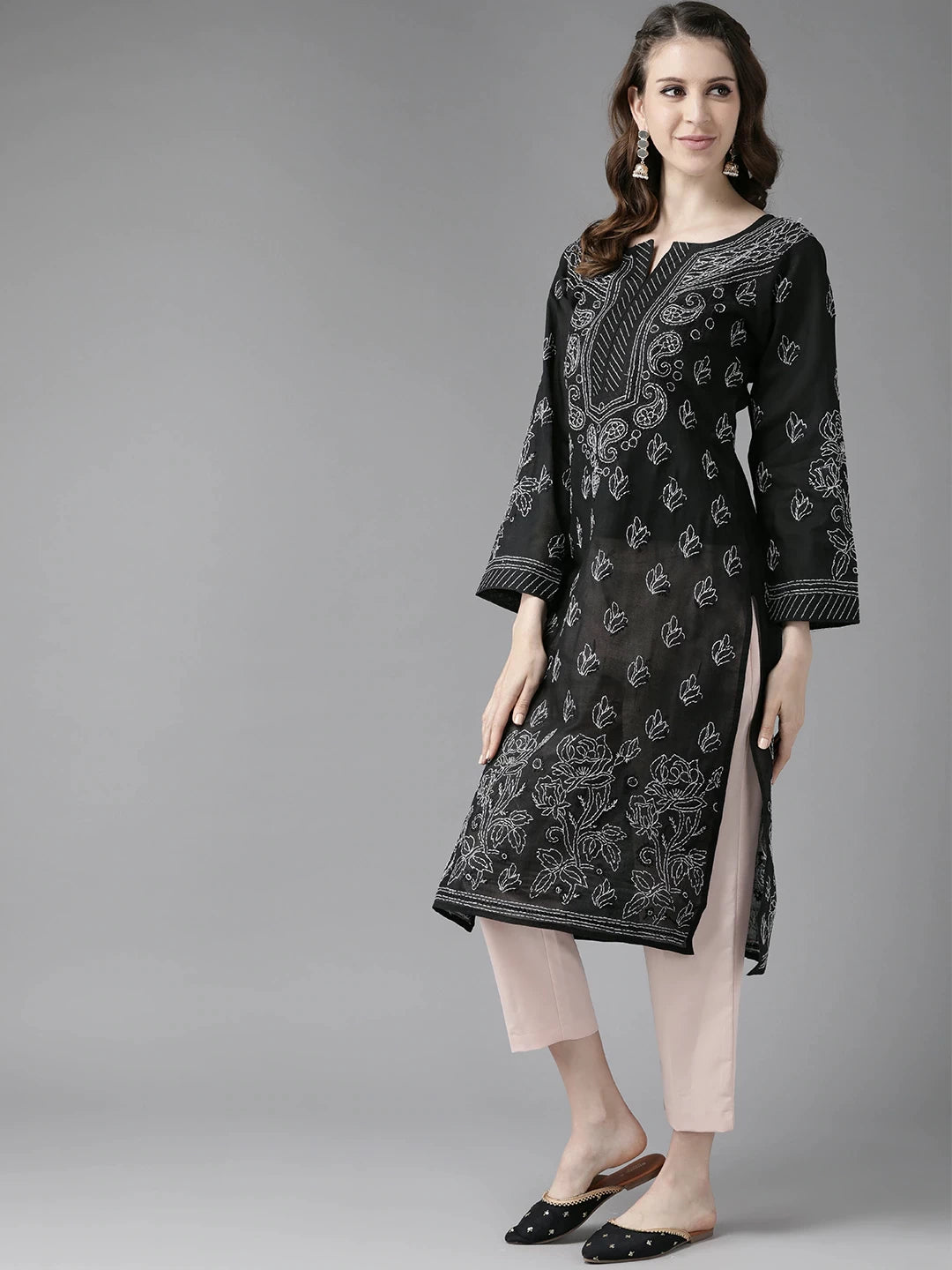 Ada Hand Embroidered Black Cotton Lucknow Chikan Straight Kurta A237205
