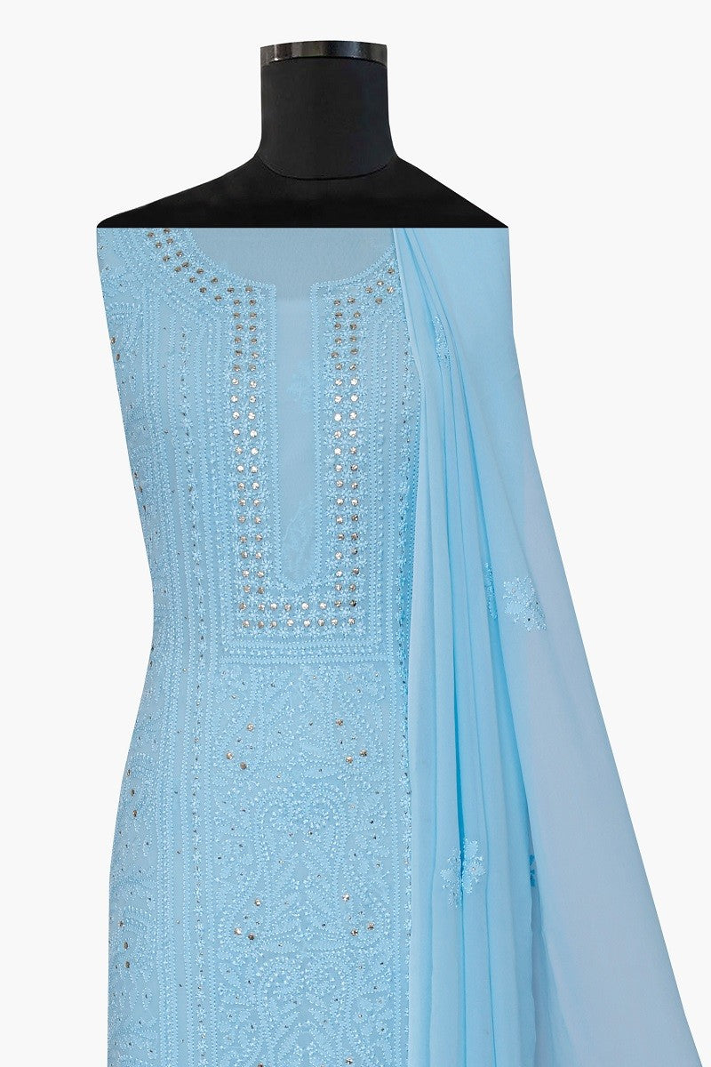 Ada Hand Embroidered Sky Blue Georgette Lucknowi Chikan Unstitched Kurta Dupatta with Muqaish Work A607173