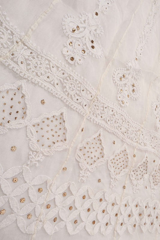 Ada Hand Embroidered White Organza Lucknowi Chikankari Semi-Stitched Anarkali Kurta Dupatta Set With Muqaish Work 01A63789