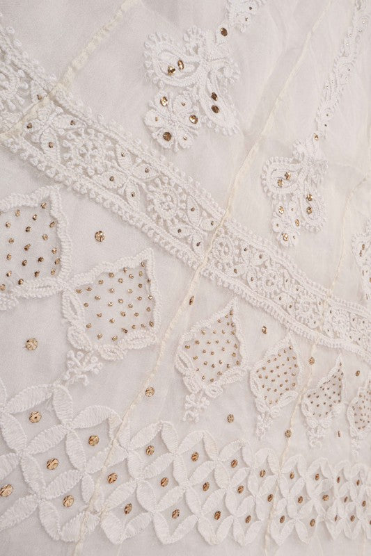 Ada Hand Embroidered White Organza Lucknowi Chikankari Semi-Stitched Anarkali Kurta Dupatta Set With Muqaish Work 01A63789
