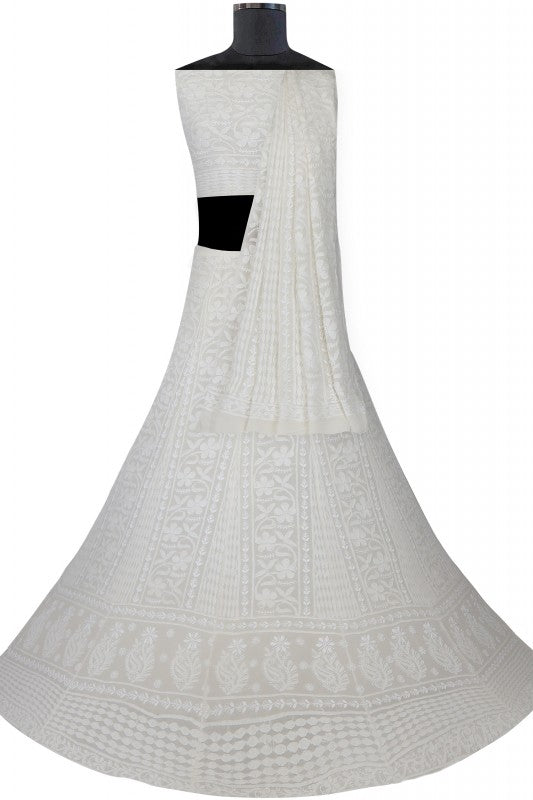 Ada Hand Embroidered White Pure Georgette Lucknowi Chikankari Lehenga Set A454704