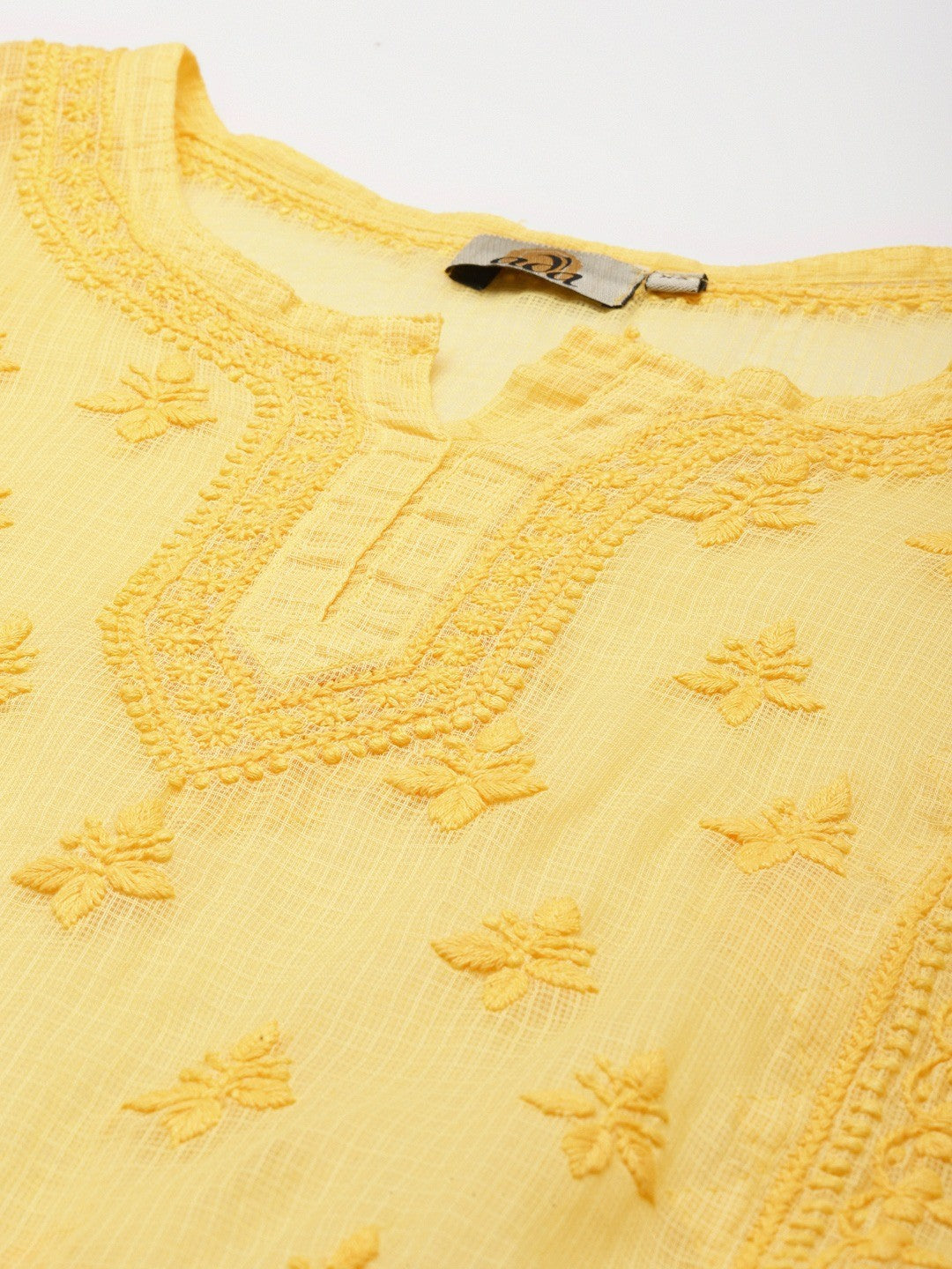 Ada Hand Embroidered Yellow Kota Lucknow Chikan Kurti With Slip A911158