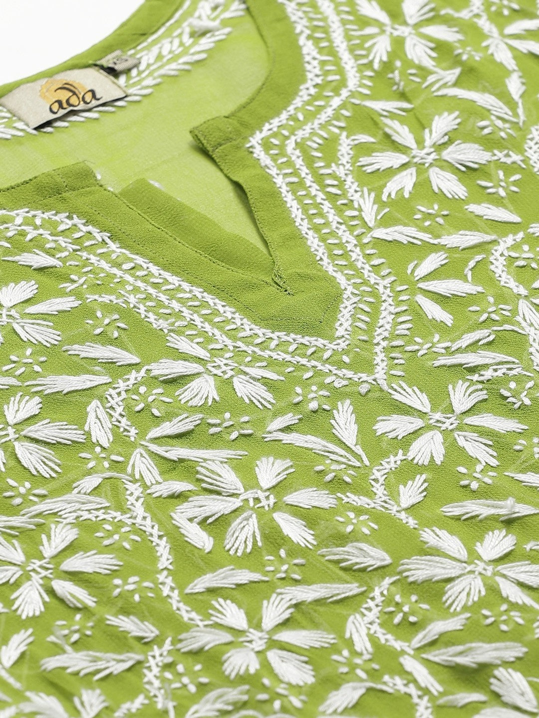 Ada Hand Embroidered Green Georgette Lucknowi Chikankari Straight Kurta/Trouser Set With Slip A100563
