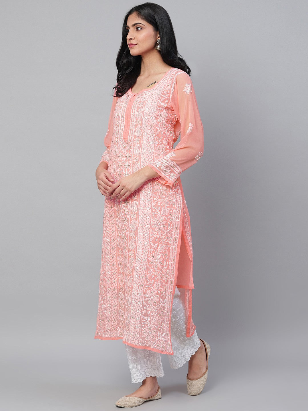 Ada Hand Embroidered Peach Georgette Lucknow Chikan Straight Kurta/Slip with Gota patti Work A411113