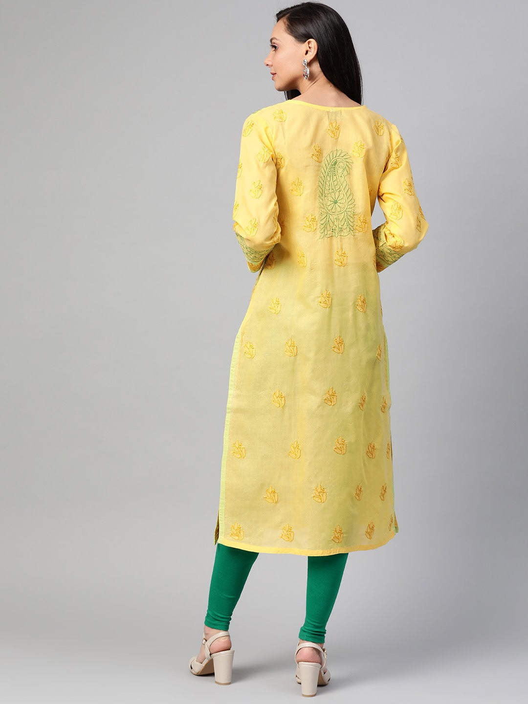 Ada Hand Embroidered Yellow Cotton Lucknow Chikan Straight Kurta- A272591