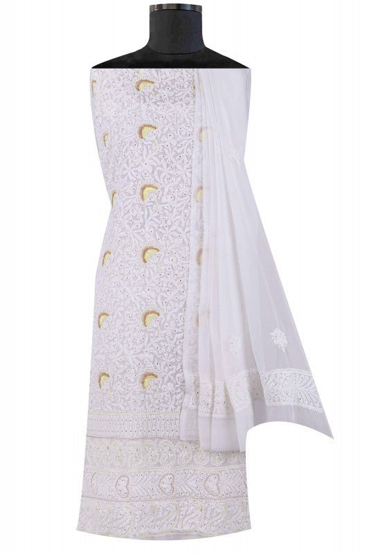 Ada Hand Embroidered White Georgette Lucknowi Chikankari Unstitched Suit Piece With Muqaish Work A423665