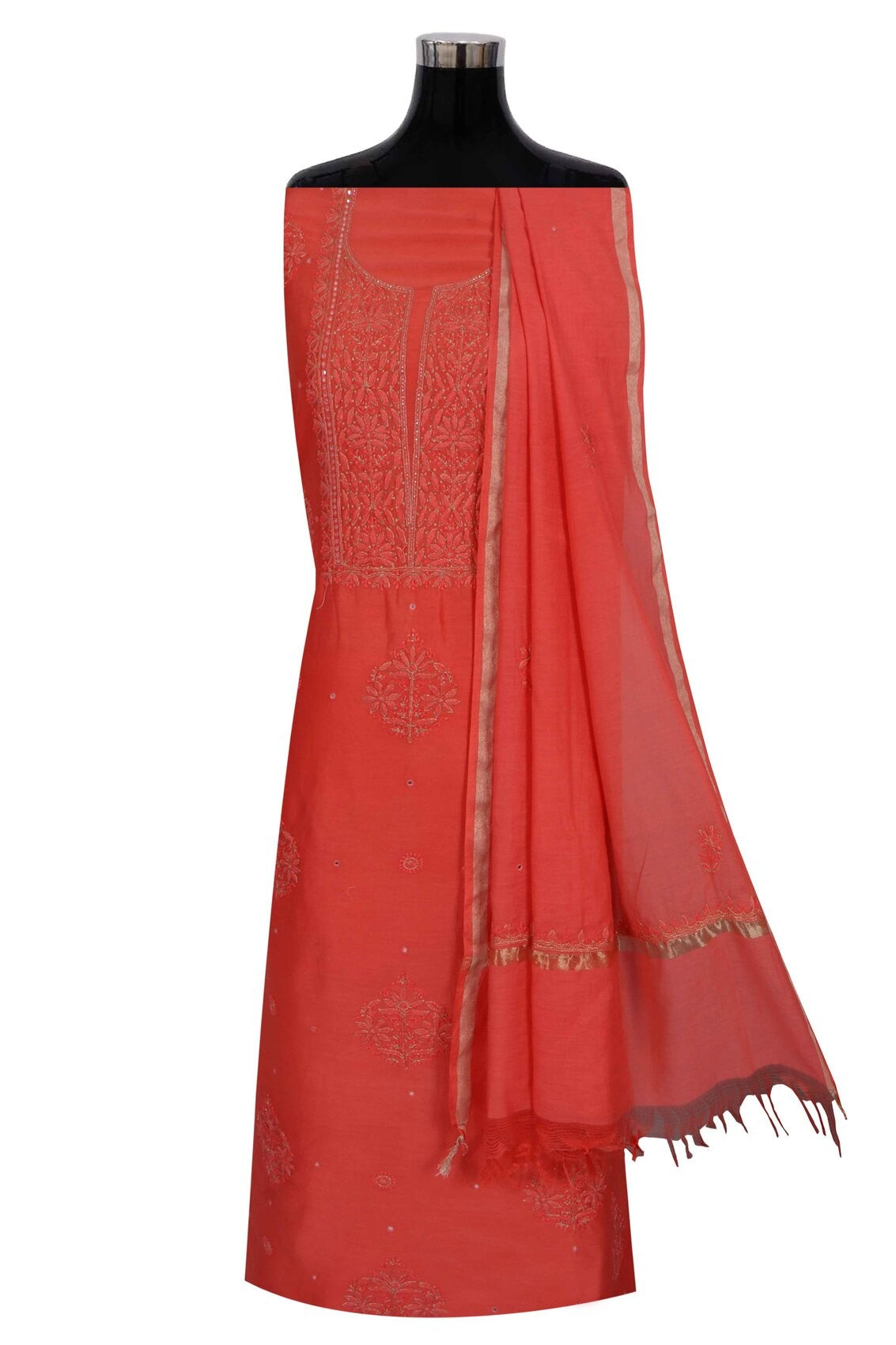 Ada Hand Embroidered Dark Peach Chanderi Lucknowi Chikankari Unstitched Kurta Dupatta Set With Zari Work 01A133827