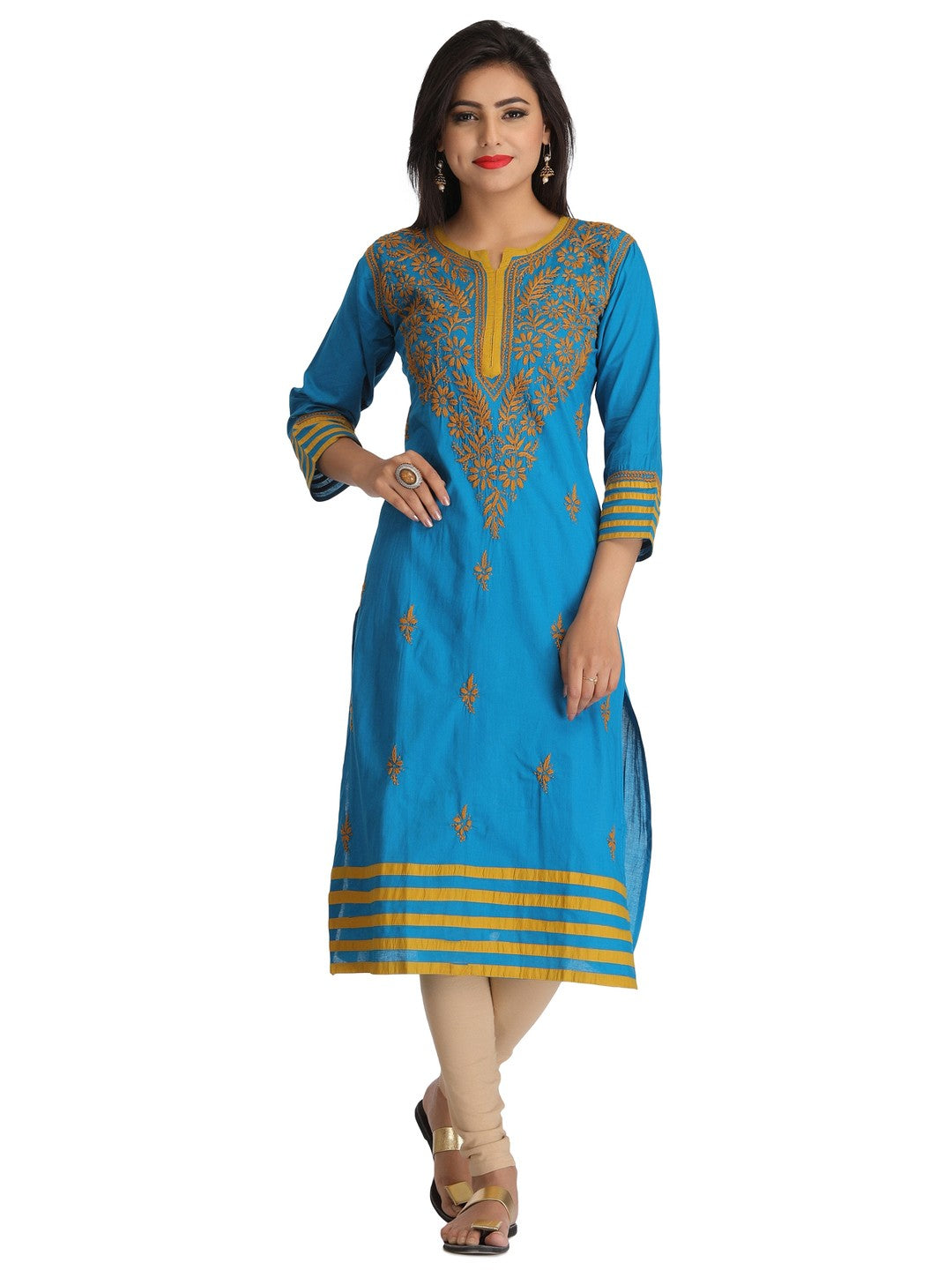 Ada Hand Embroidered Blue Cotton Lucknow Chikankari Straight  Kurta A136049