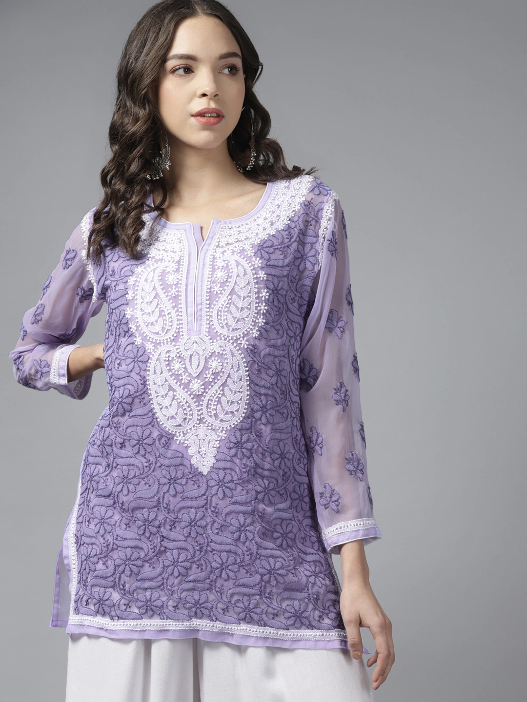 Ada Hand Embroidered Mauve Georgette Lucknowi Chikankari Short Kurti With Slip A211683