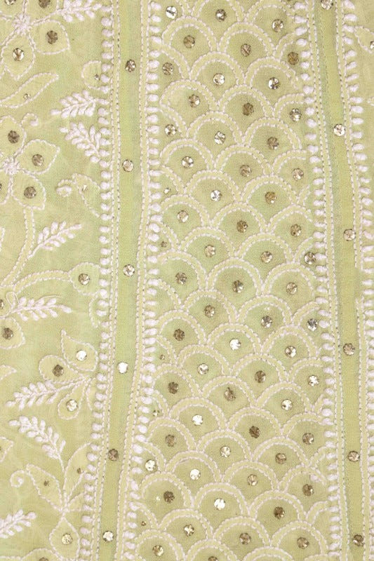 Ada Hand Embroidered Lemon Pure Georgette Lucknowi Chikan Semi-Stitched Anarkali Kurta Dupatta Set With Muqaish Work-A328561