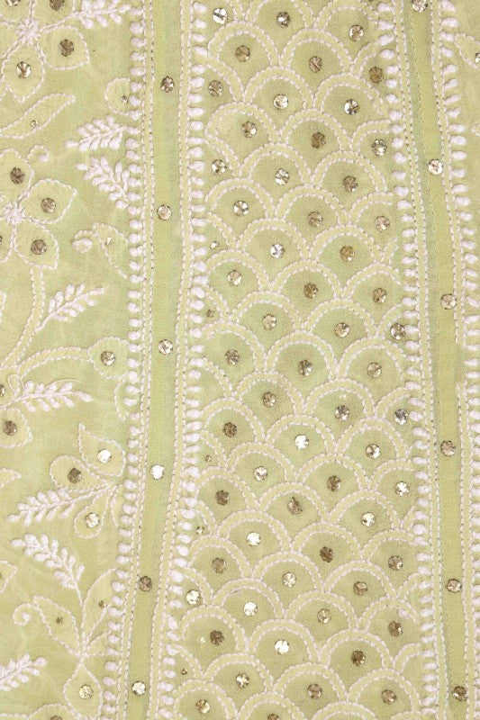 Ada Hand Embroidered Lemon Pure Georgette Lucknowi Chikan Semi-Stitched Anarkali Kurta Dupatta Set With Muqaish Work-A328561