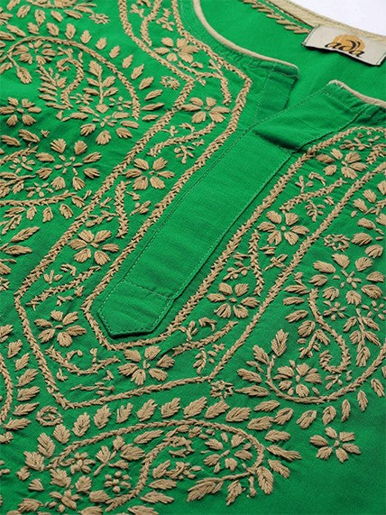 Ada Hand Embroidered Green Cotton Lucknowi Chikankari Straight Kurti A250627