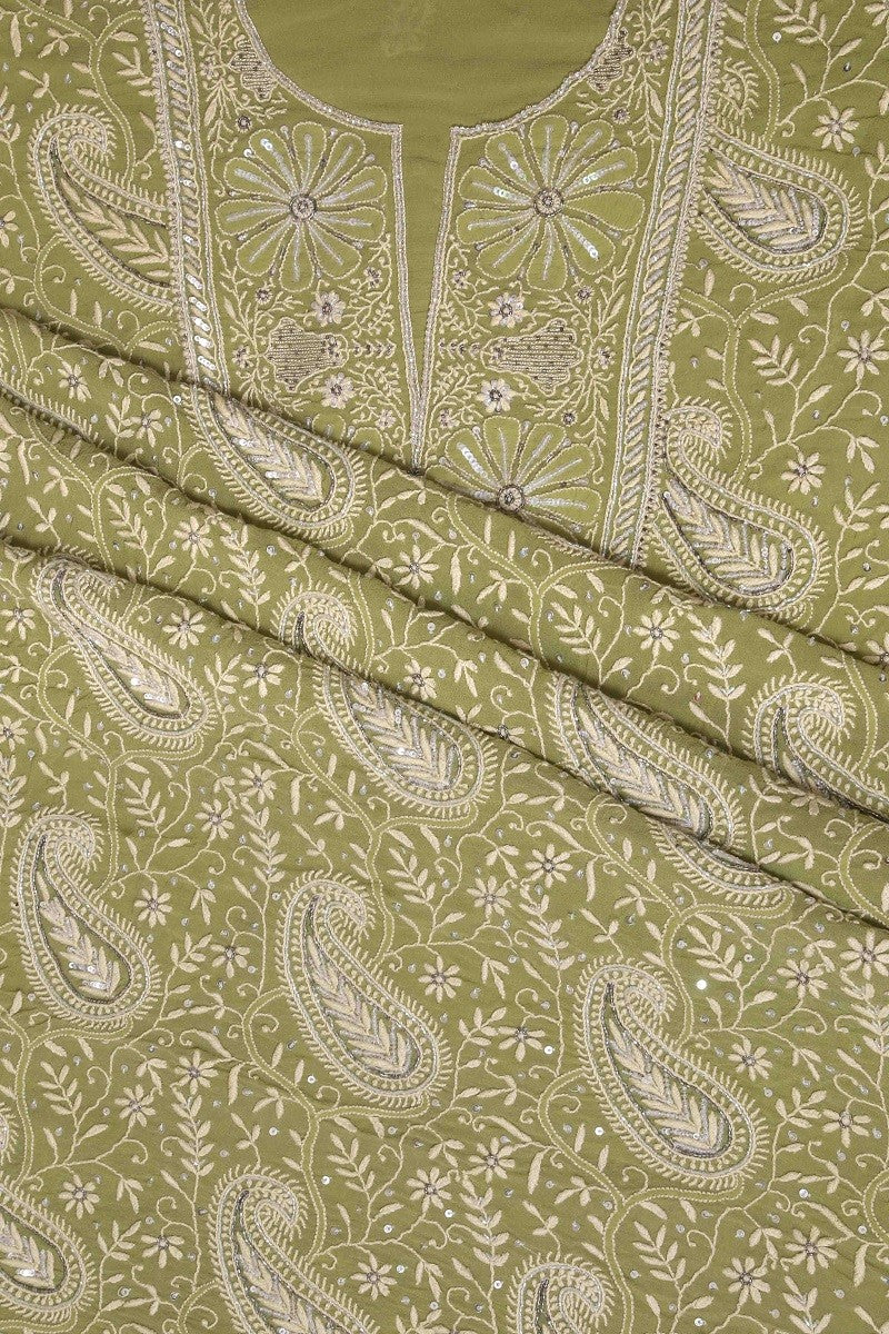 Ada Hand Embroidered Sage Green Pure Georgette Chikan Unstitched Kurta Dupatta Set with Sequinned Work - A511812