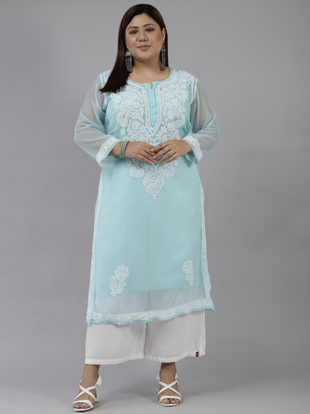 Ada Hand Embroidered Turquoise Blue Georgette Lucknow Chikan Kurta with Slip A411362