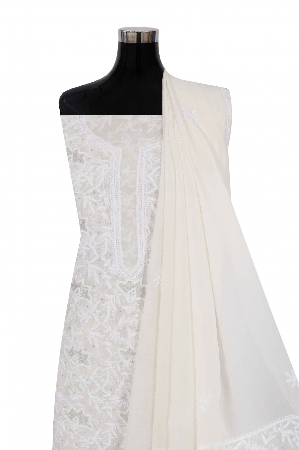 Ada Hand Embroidered Off White Pure Georgette Unstitched Kurta Dupatta Set With Zari Work 01A170073
