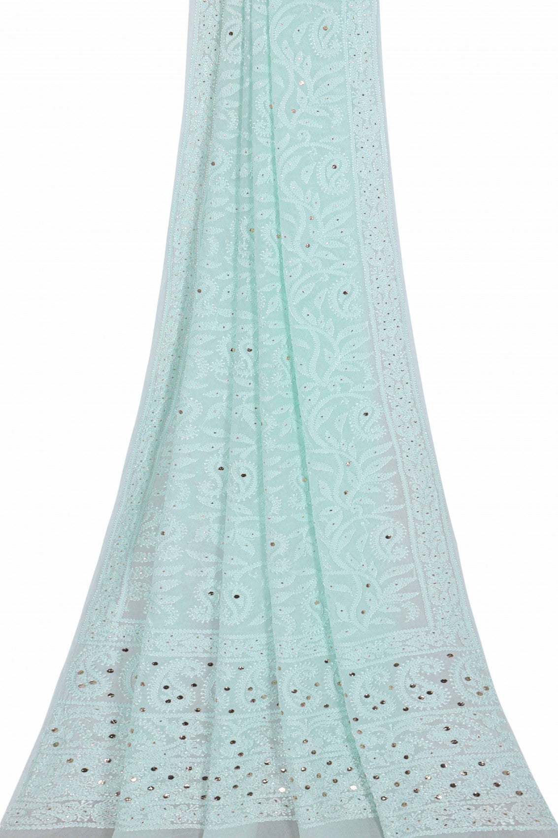 Ada Hand Embroidered Mint Green Pure Georgette Lucknowi Chikankari Dupatta With Muqaish Work 01A177545