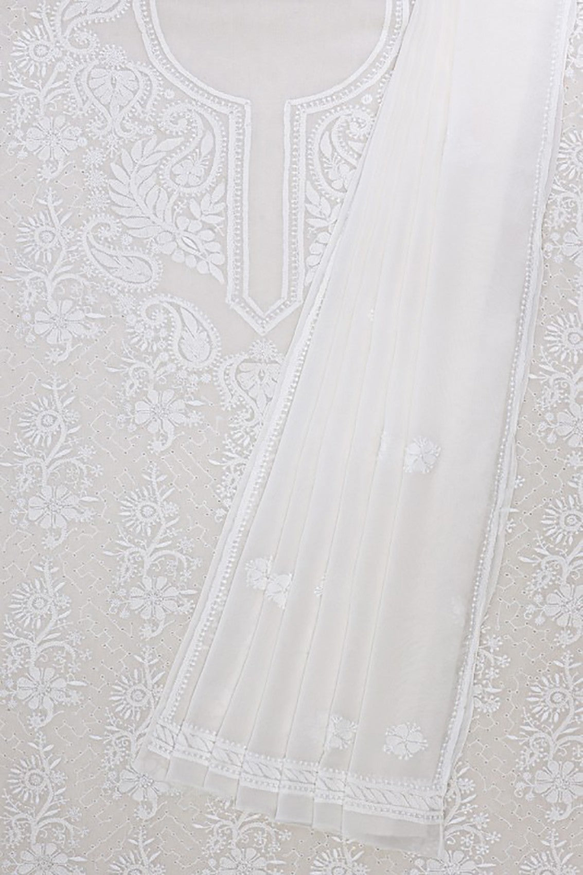 Ada Hand Embroidered White Pure Georgette Lucknowi Chikankari Unstitched Kurta Dupatta Set A593630