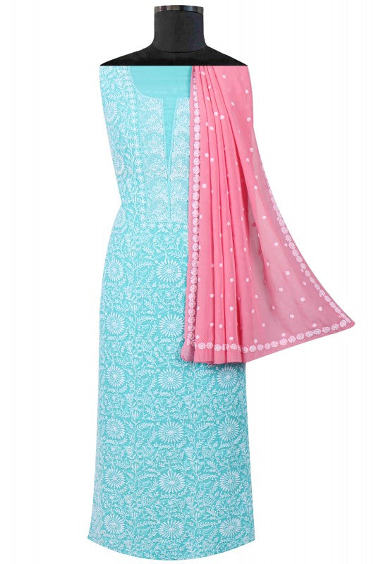 Ada Hand Embroidered Blue Pure Georgette Lucknowi Chikan Unstitched Kurta Dupatta Set A544138