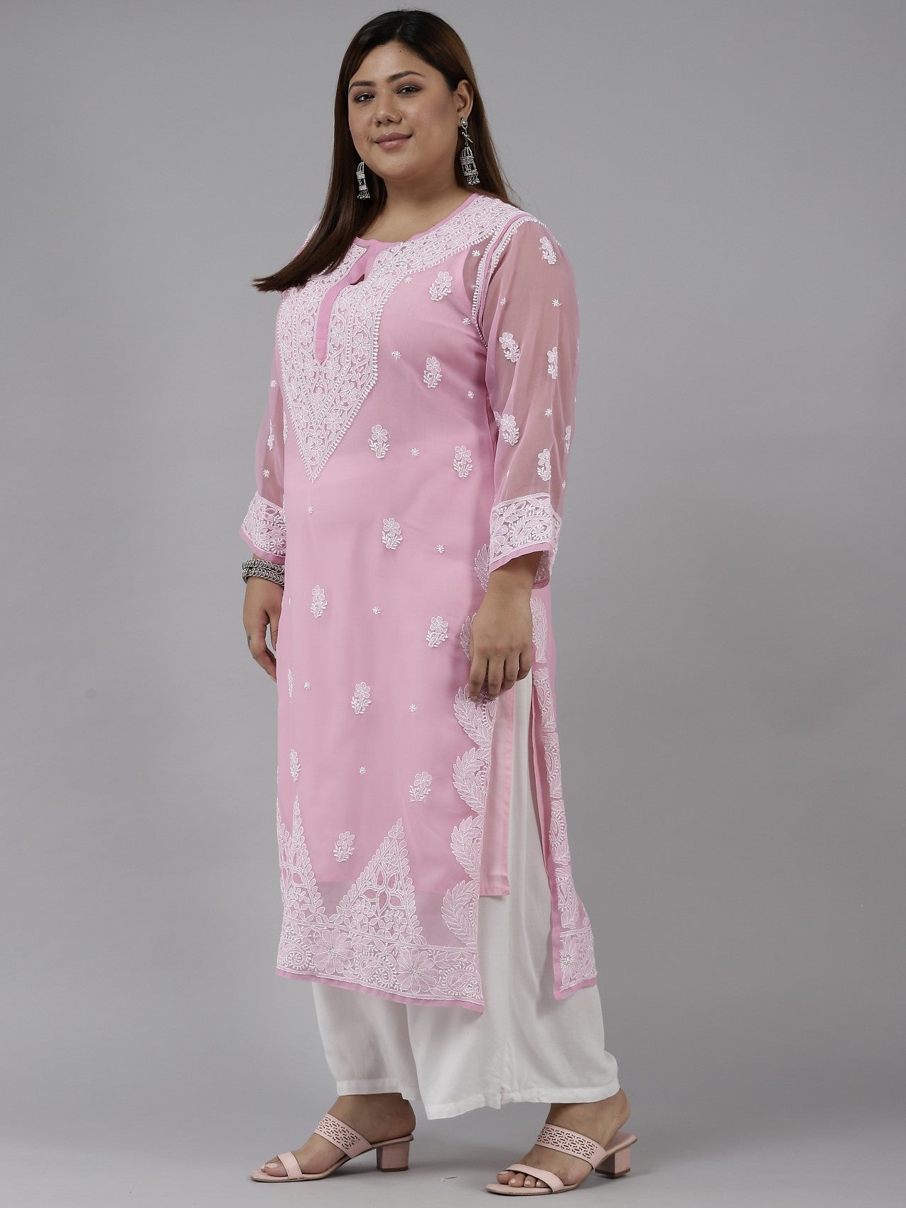 Ada Hand Embroidered Onion Pink Georgette Lucknowi Chikankari Straight Kurta With Slip A411197