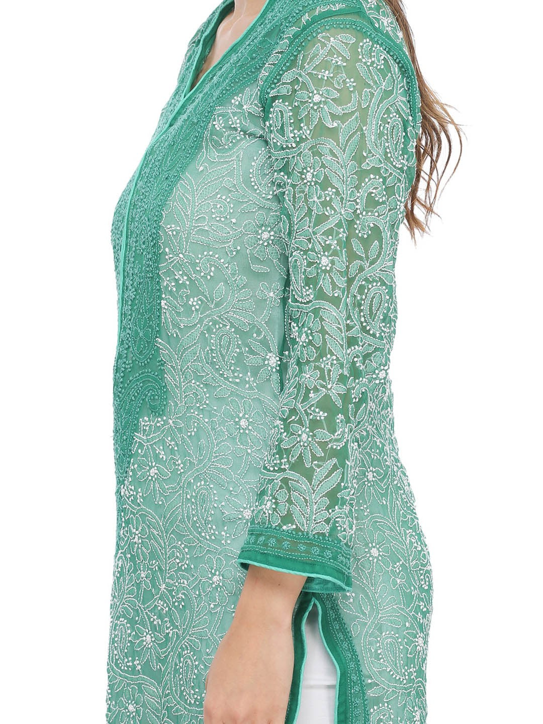 Ada Hand Embroidered Green Georgette Lucknowi Chikankari Straight Kurta A274243