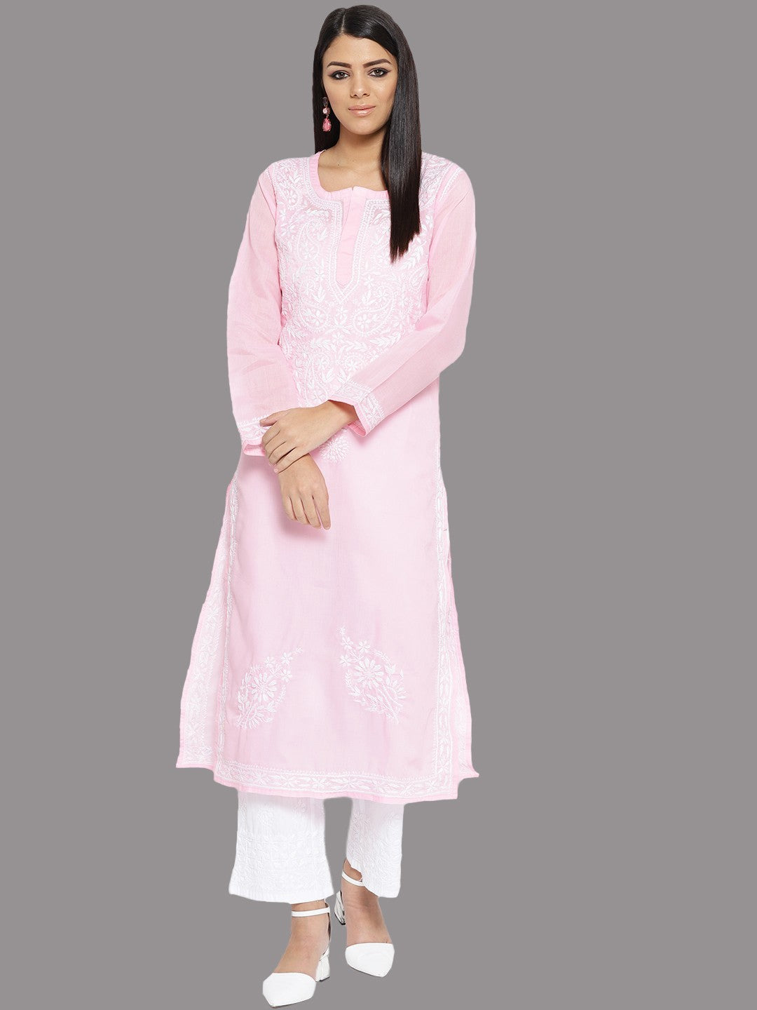 Ada Hand Embroidered Pink Cotton Lucknowi Chikankari Kurta Set A100130