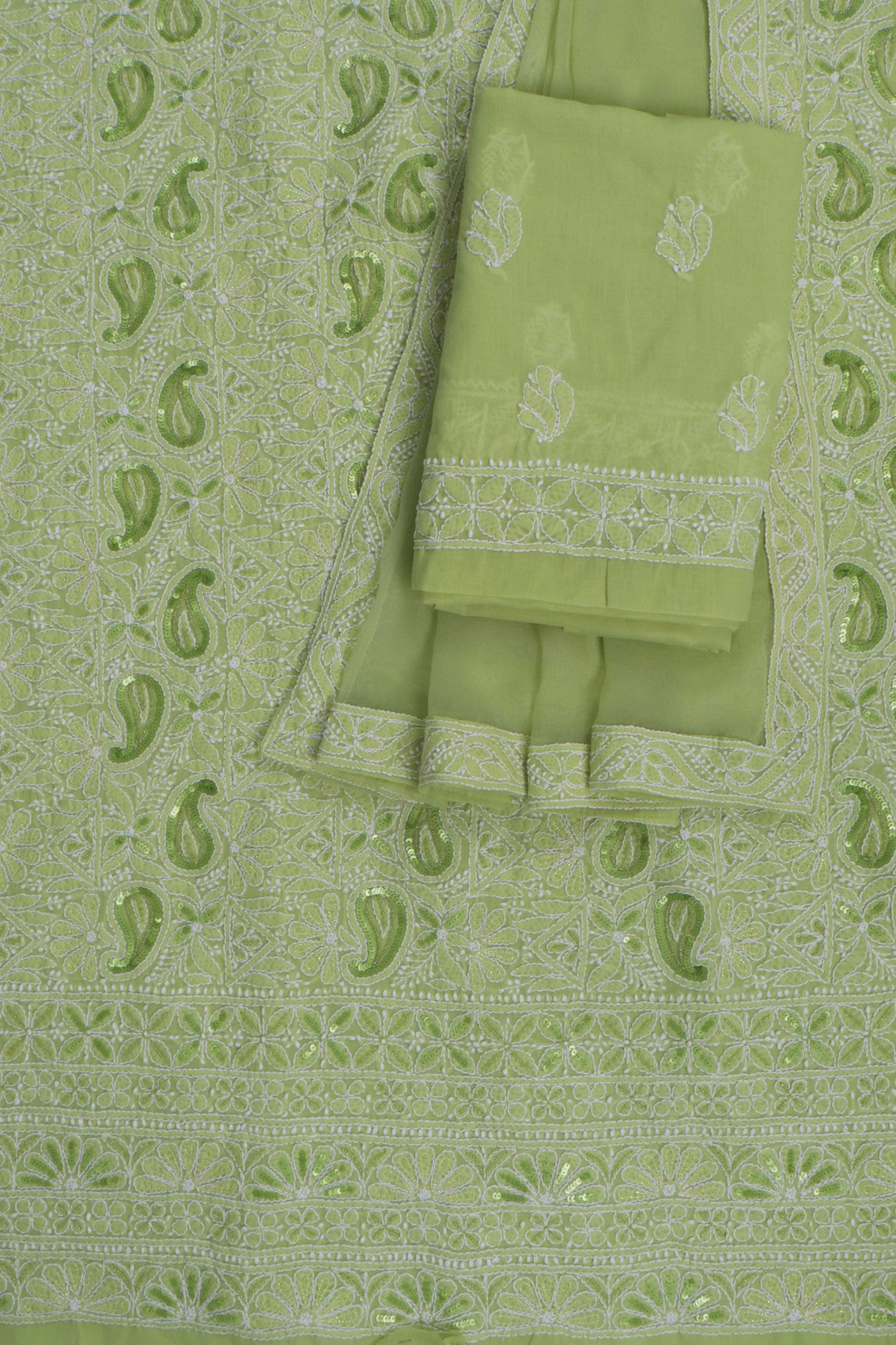 Ada Hand Embroidered Apple Green Cotton Lucknowi Chikankari Unstitched Suit Piece With Pearl Work 01A270933