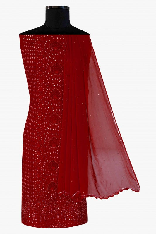 Ada Hand Embroidered Red Georgette Lucknowi Chikankari Unstitched Kurta Dupatta Set With Sequinned Work A508602
