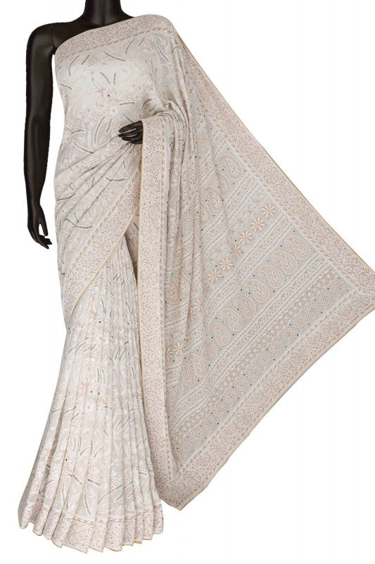 Ada Hand Embroidered Macaroon Cream Pure Georgette Lucknow Chikan Saree/Blouse With Muqaish Work- A61316