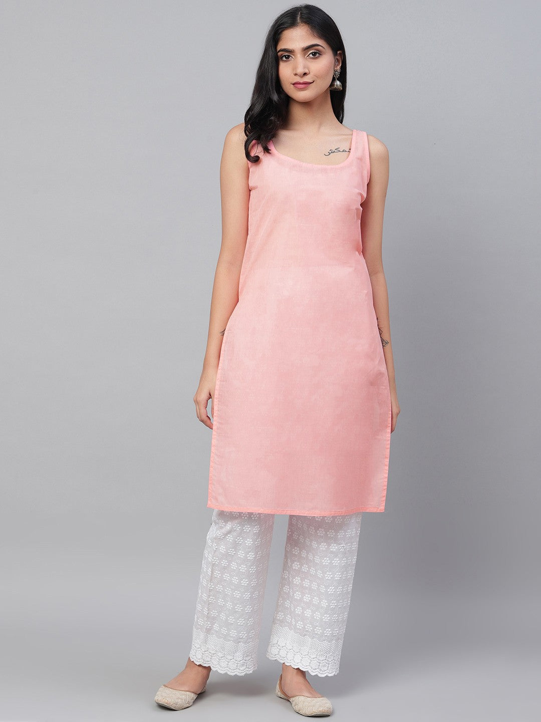Ada Hand Embroidered Peach Georgette Lucknow Chikan Straight Kurta/Slip with Gota patti Work A411113