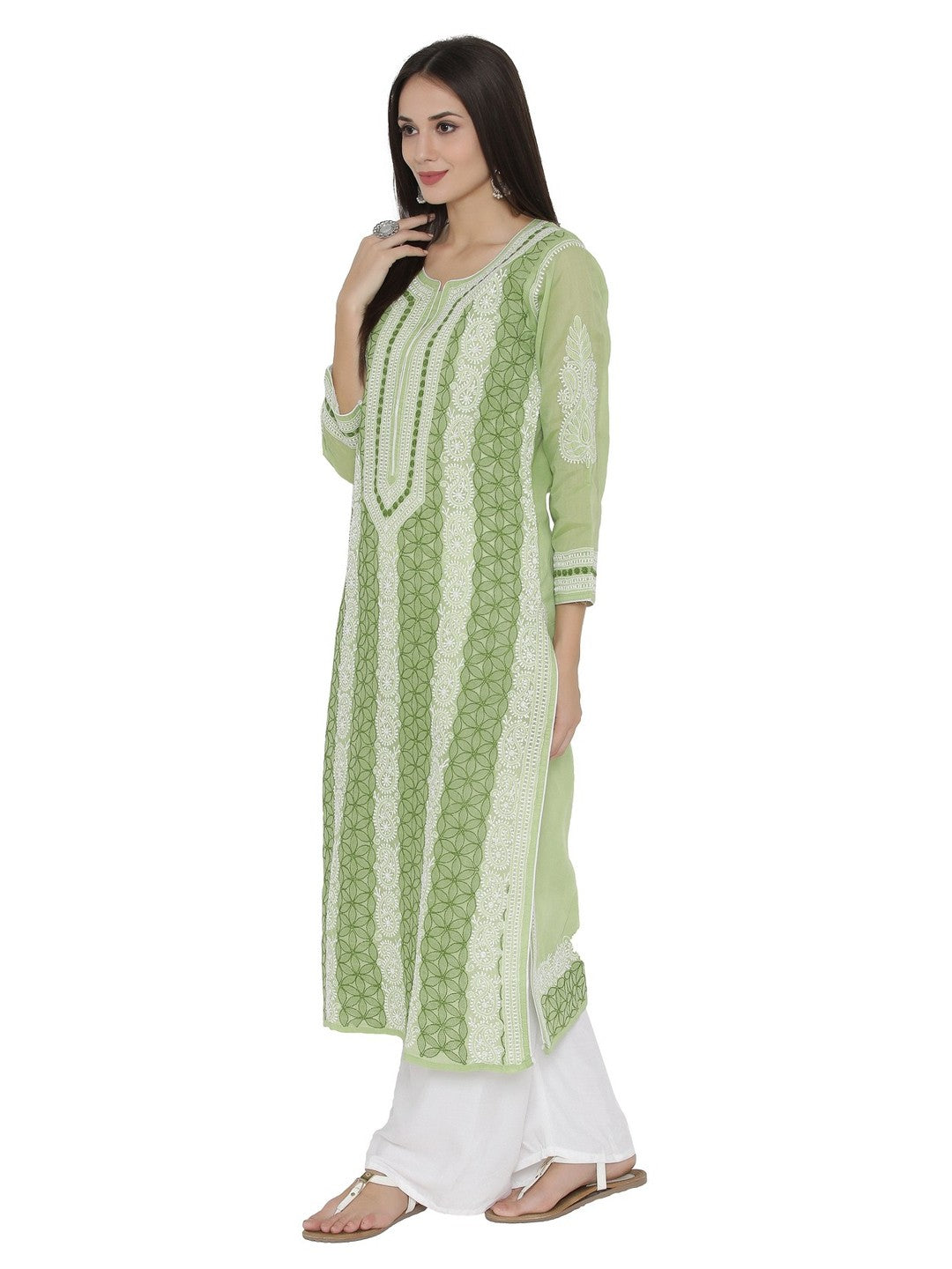Ada Hand Embroidered Green Cotton Lucknowi Chikankari Straight Kurta A259321