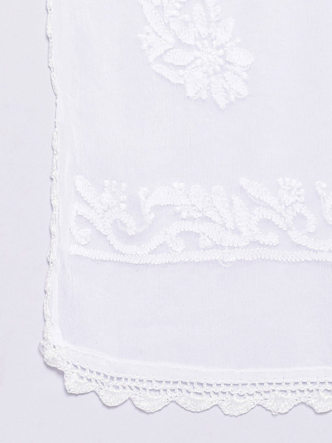 Ada Hand Embroidered White Chiffon Lucknowi Chikankari Dupatta-A100269