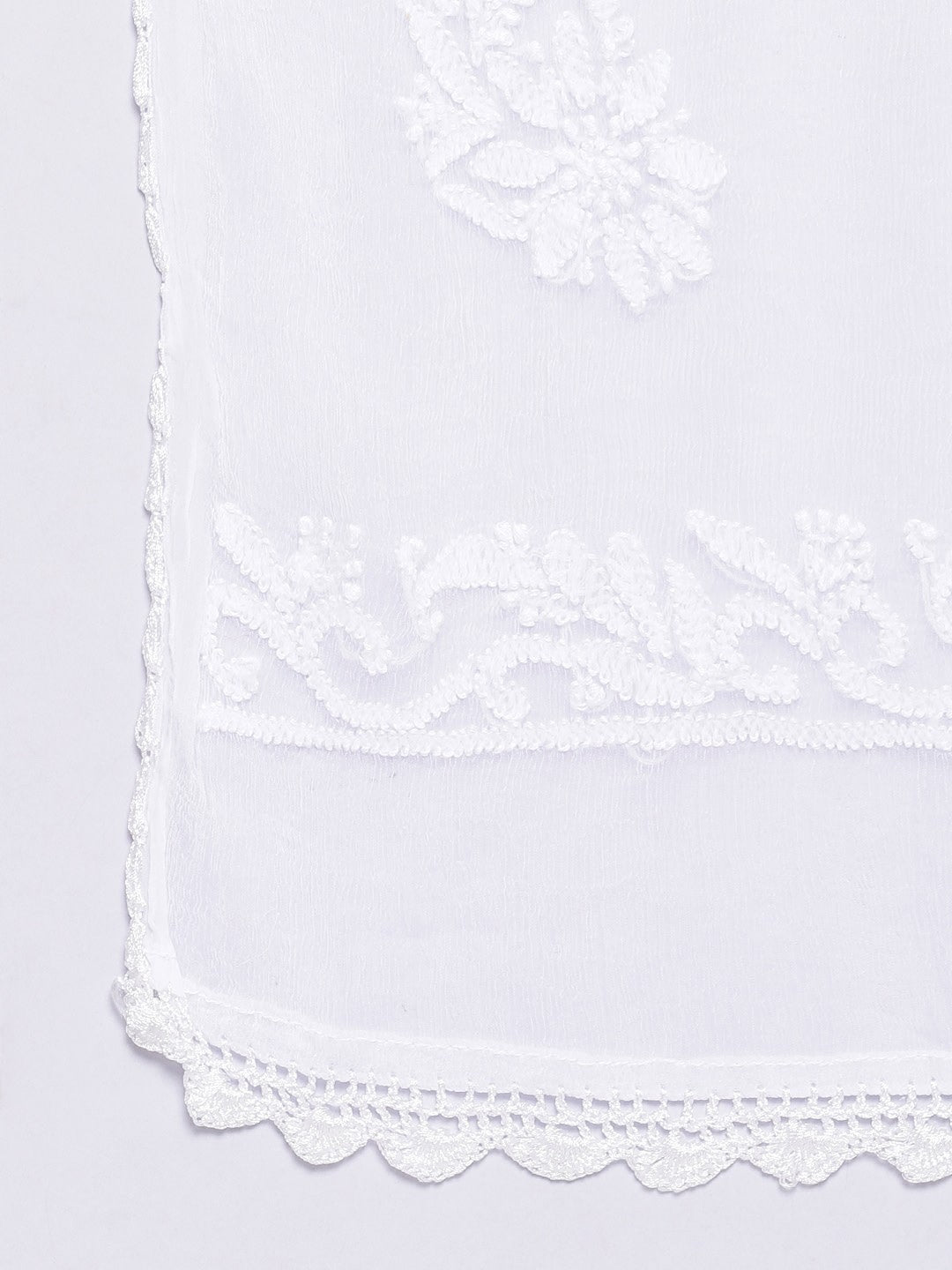 Ada Hand Embroidered White Chiffon Lucknowi Chikankari Dupatta-A100269