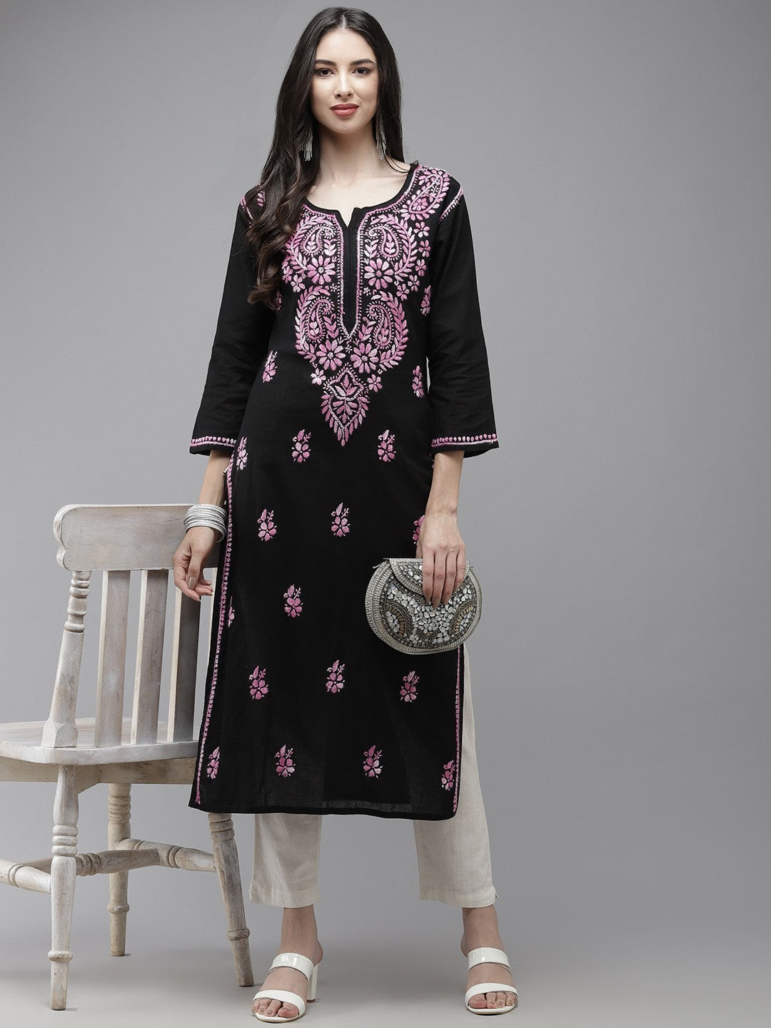 Ada Hand Embroidered Black Cotton Lucknow Chikankari Straight Kurta A411274