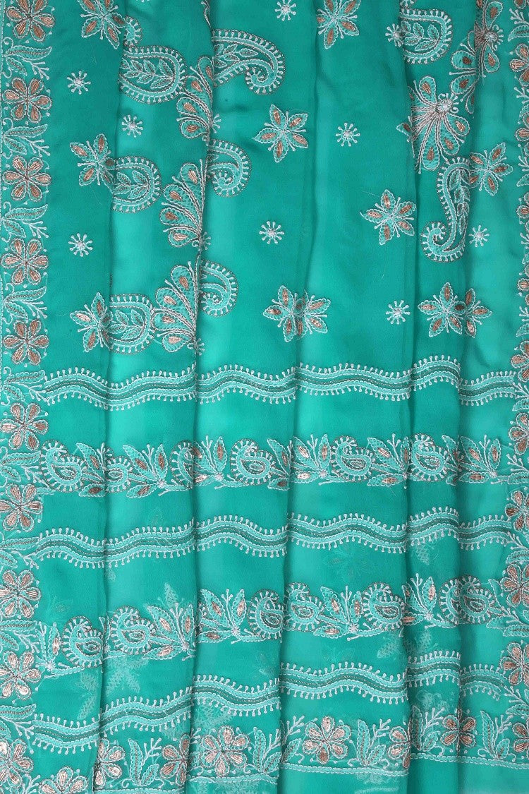 Ada Hand Embroidered Turquoise Blue Georgette Lucknowi Chikankari Saree/Blouse With Gota Patti Work A567451