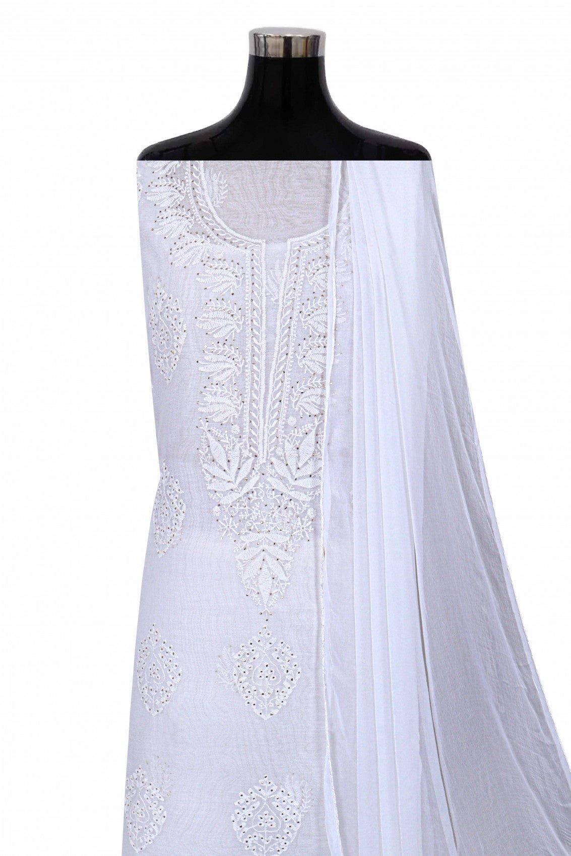 Ada Hand Embroidered White Kota Lucknowi Chikankari Unstitched Suit Piece With Muqaish Work 01A67182