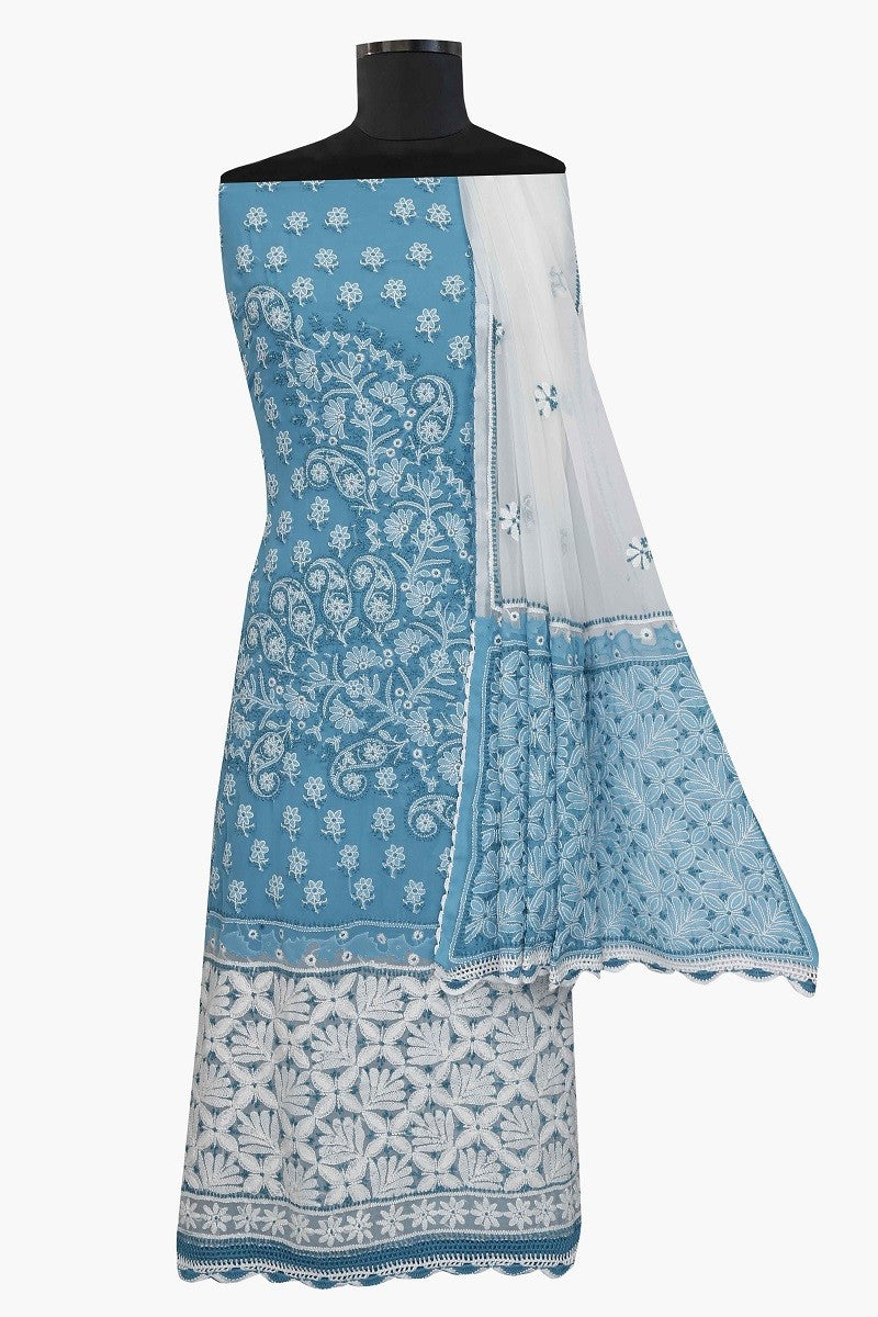 Ada Hand Embroidered Arctic Blue Georgette Lucknowi Chikan Unstitched Suit Piece A289005