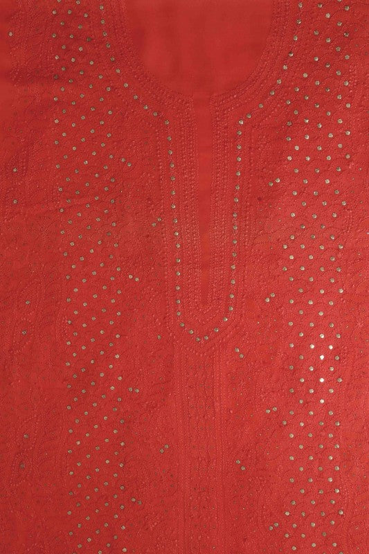 Ada Hand Embroidered Carrot Pink Georgette Lucknowi Chikan Unstitched Kurta Dupatta Set with Muqaish Work A579355