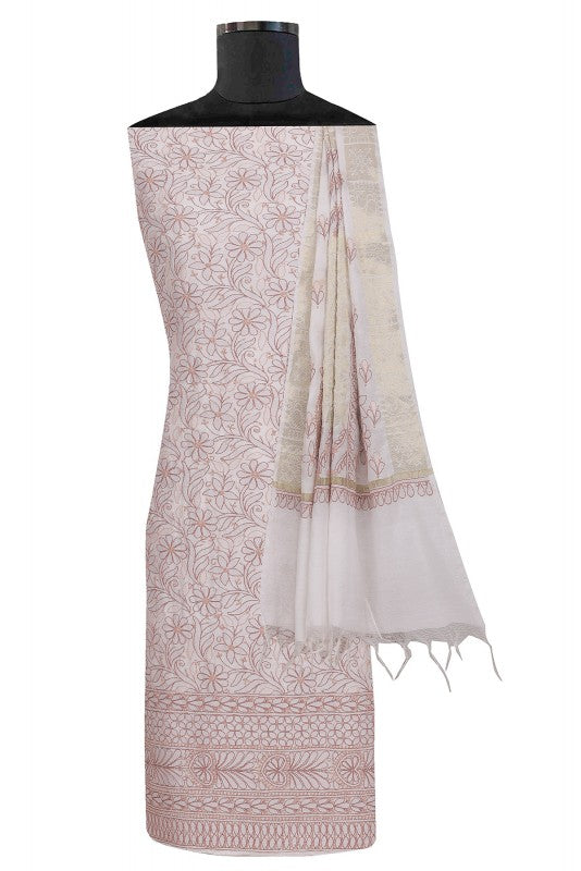 Ada Hand Embroidered Cream Chanderi Lucknowi Chikan Unstitched Kurta Dupatta Set  A586571