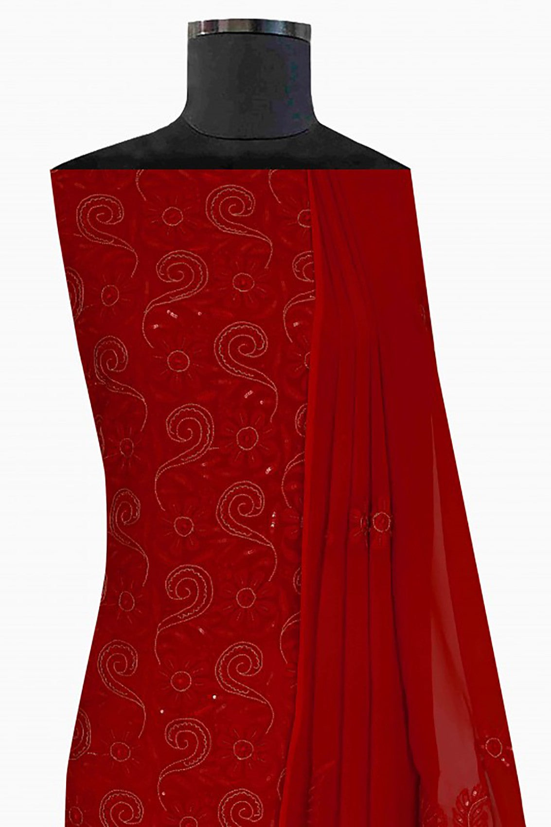 Ada Hand Embroidered Red Georgette Lucknowi Chikankari Unstitched Kurta Dupatta Set With Pearl & Sequinned work A611696