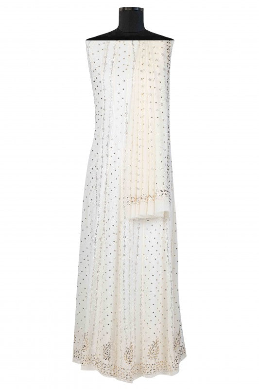 Ada Hand Embroidered White Pure Georgette Semi Stitched Anarkali Kurta Dupatta Set with Muqaish Work A602581