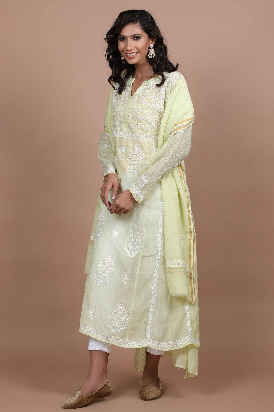 Ada Hand Embroidered Lime Green Chanderi Lucknowi Chikankari Semi-Stitched Anarkali Kurta Dupatta Set With Sequinned Work 01A243859