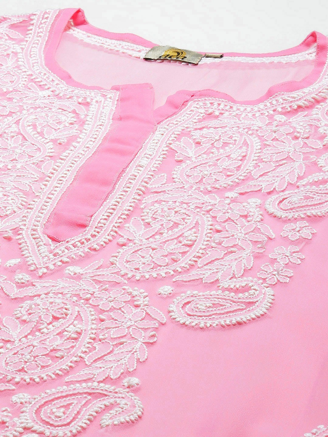 Ada Hand Embroidered Pink Georgette Lucknow Chikan Kurta with Slip A411361