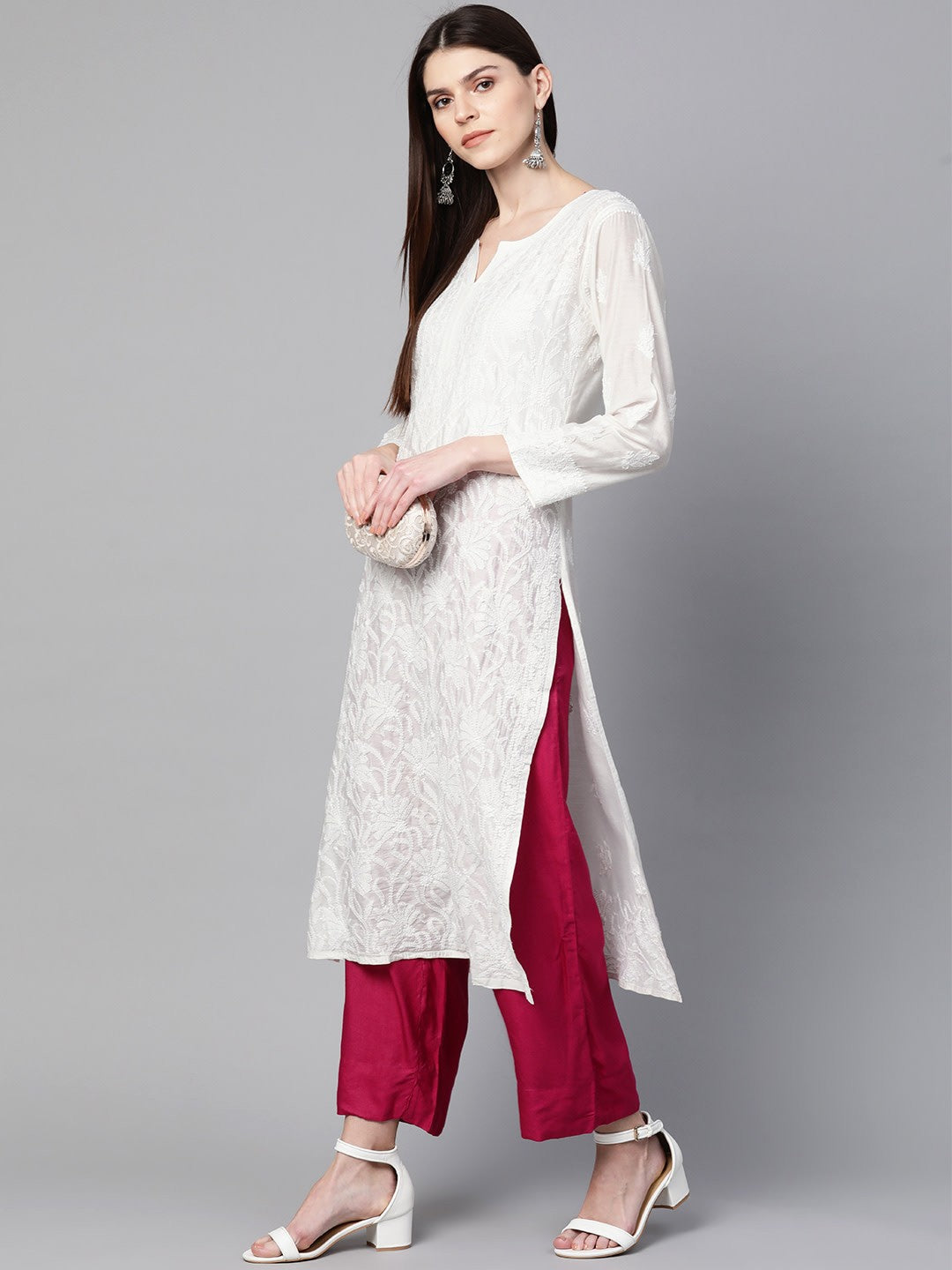 Ada Hand Embroidered White Chanderi Lucknow Chikankari Kurta -A100422