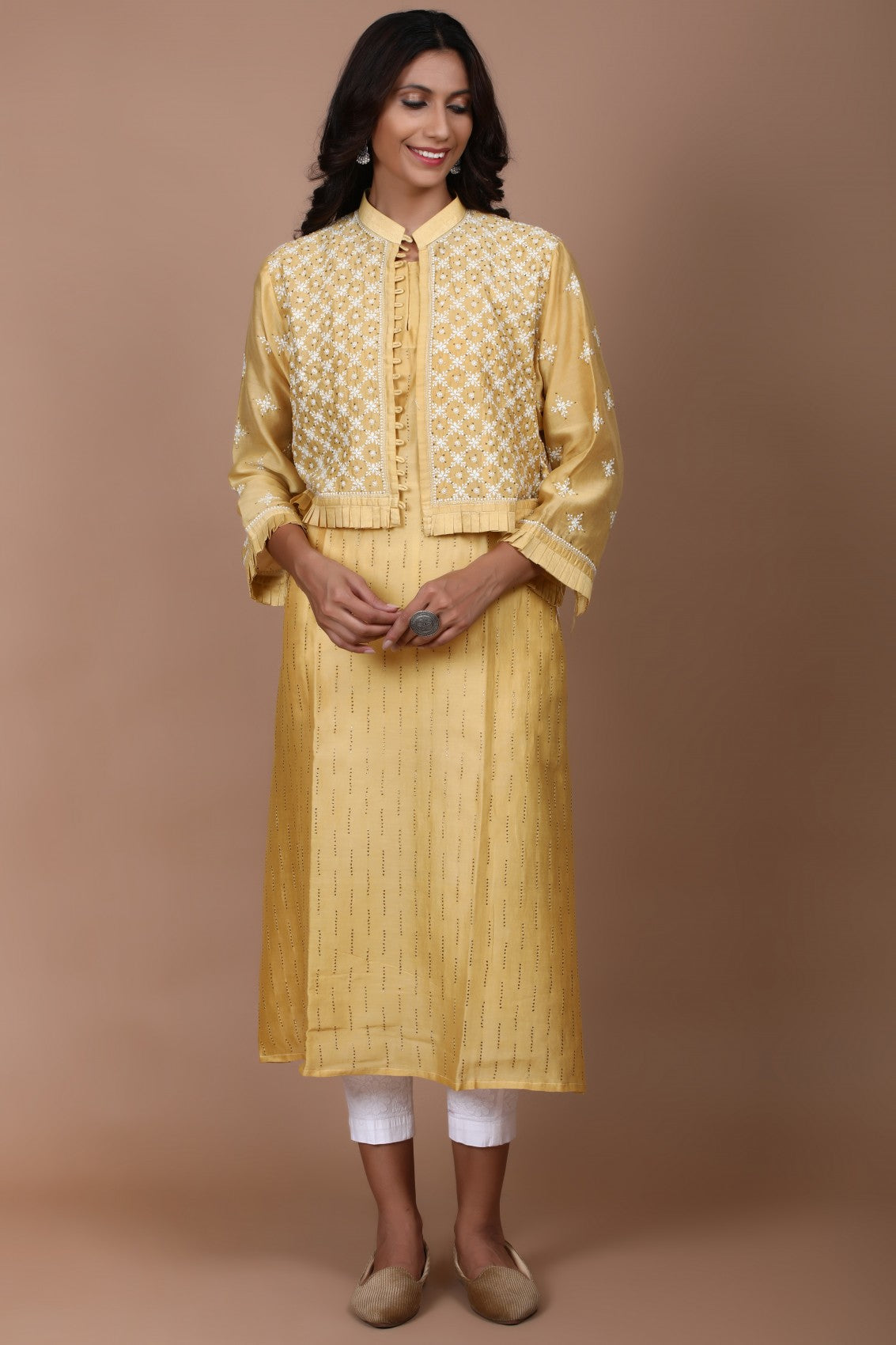 Ada Hand Embroidered Fawn Chanderi Lucknowi Chikankari Semi-Stitched Kurta/Jacket With Muqaish Work A597291