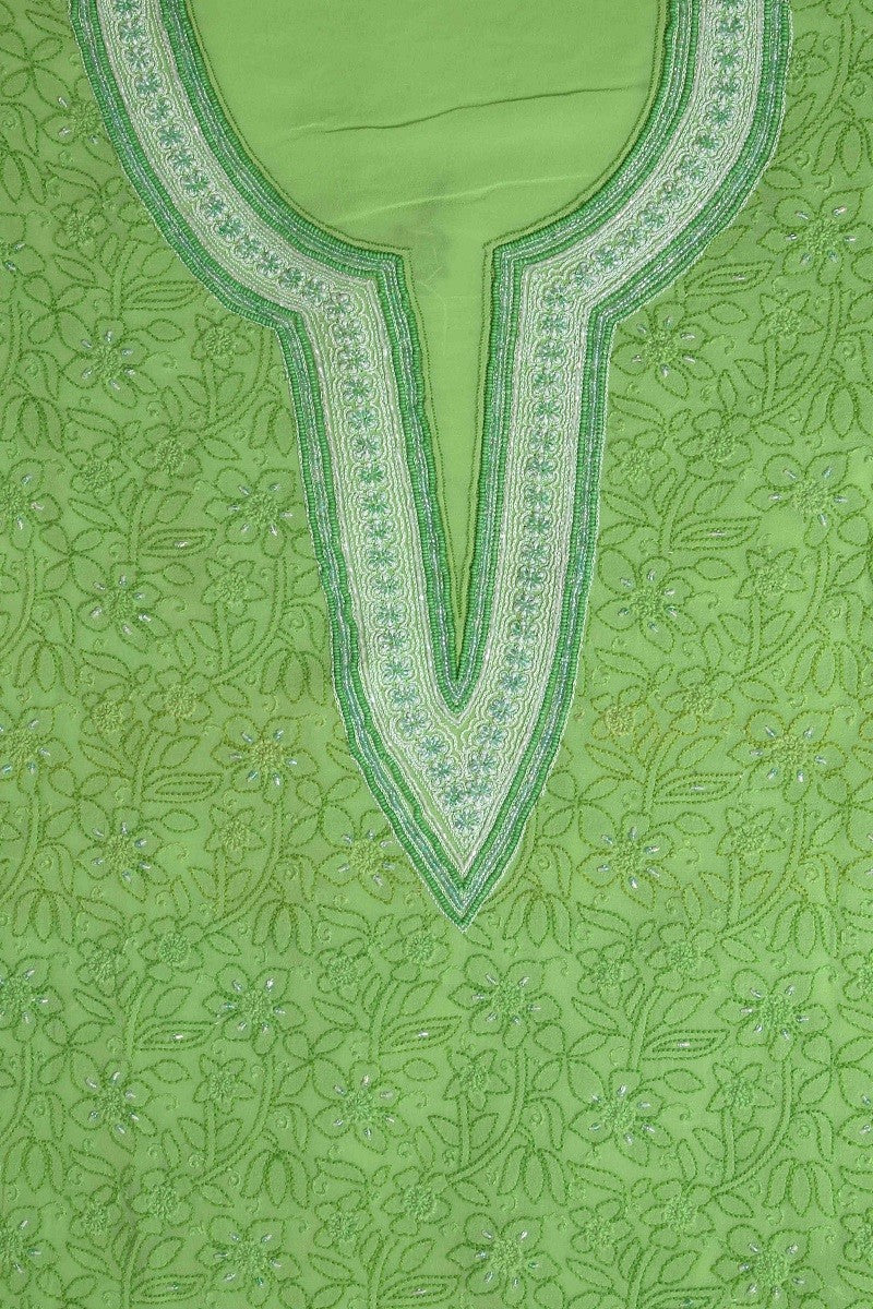 Ada Hand Embroidered Green Pure Georgette Lucknowi Chikan Unstitched Kurta Dupatta Set With Pearl Work-A279695