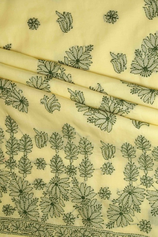 Ada Hand Embroidered Lemon Yellow Cotton Lucknowi Chikan Unstitched Suit Piece-A347815