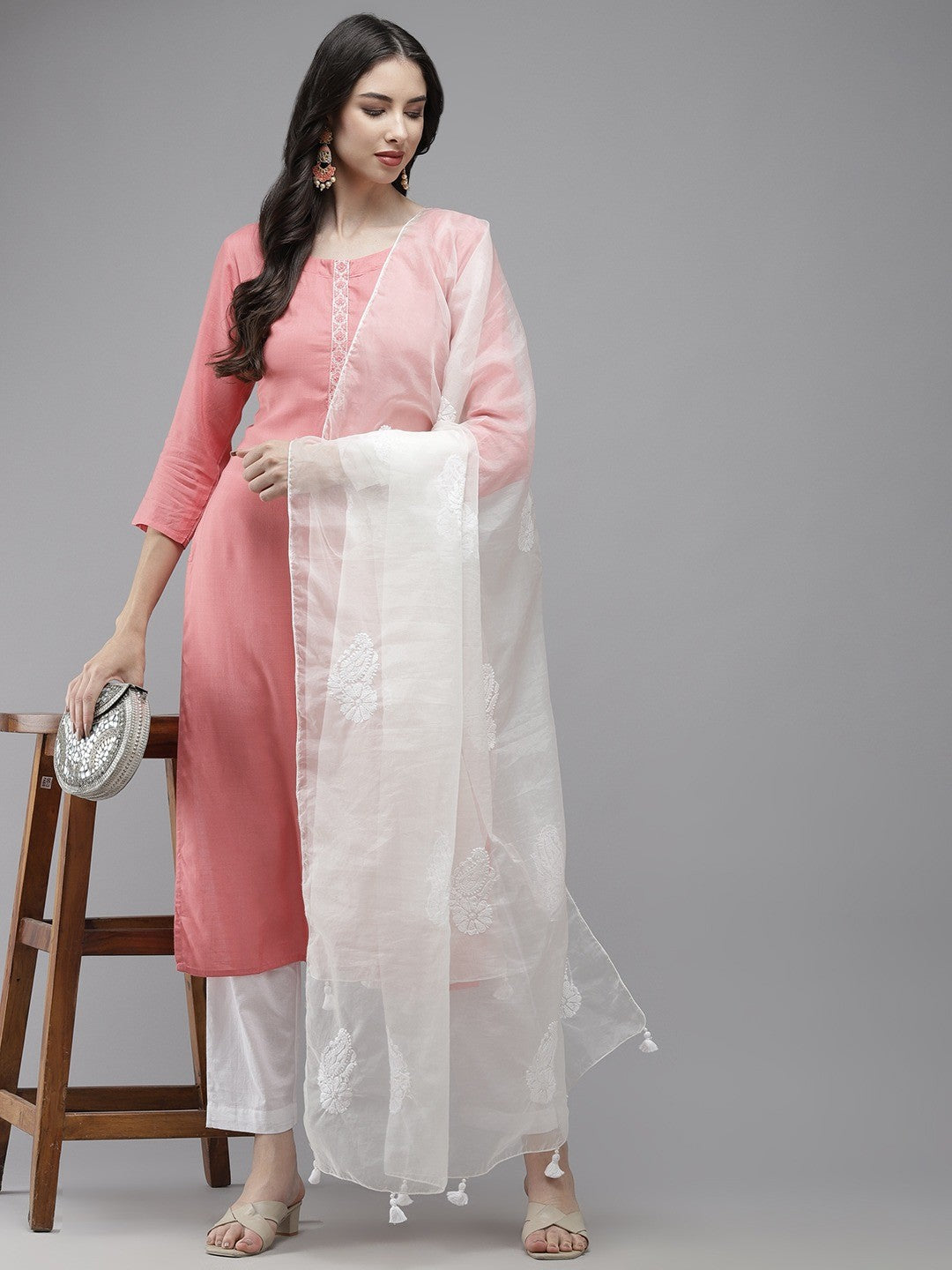 Ada Hand Embroidered White Organza Lucknowi Chikankari Dupatta- A511201