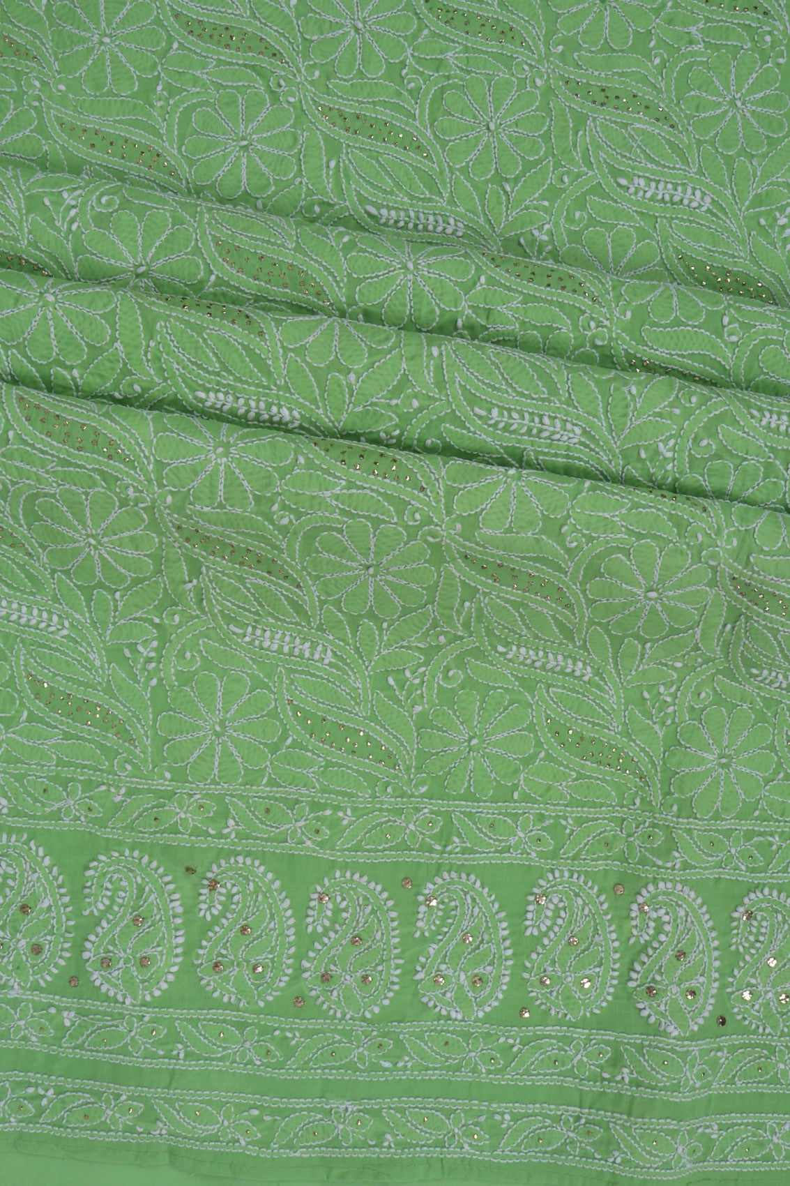 Ada Hand Embroidered Green Cotton Lucknowi Chikankari Unstitched Suit Piece With Muqaish Work 01A91019